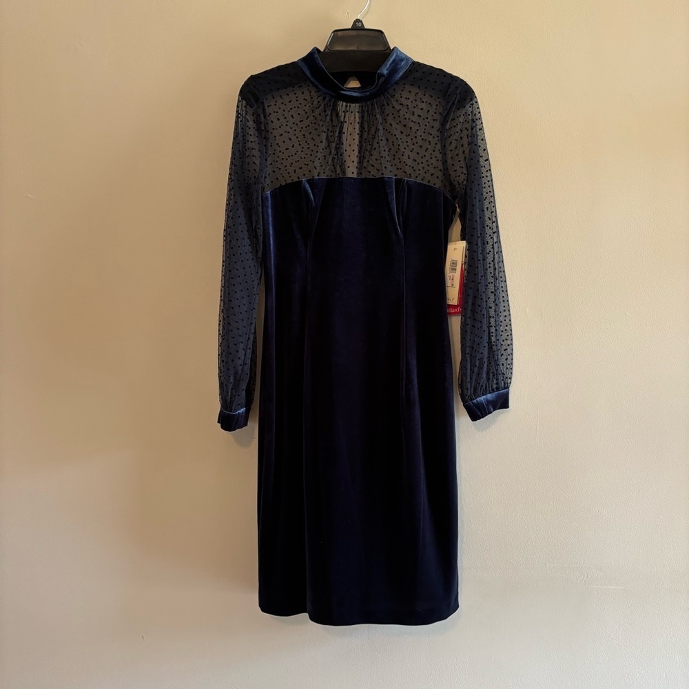 Eliza J Navy Velvet Dress with Sheer Polka Dot Yoke